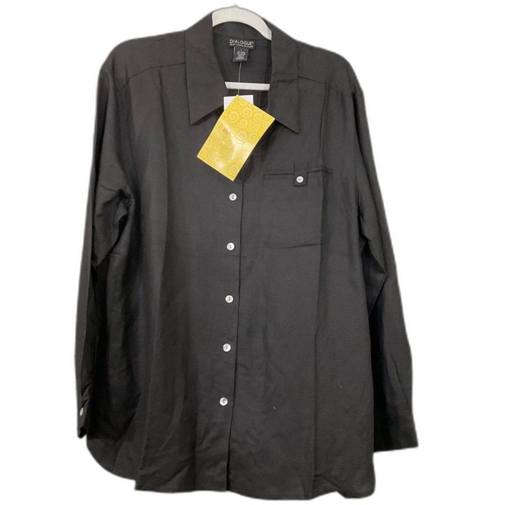 NWT QVC Dialogue Linen Blend  Button Up Blouse Top L Black Office minimalist